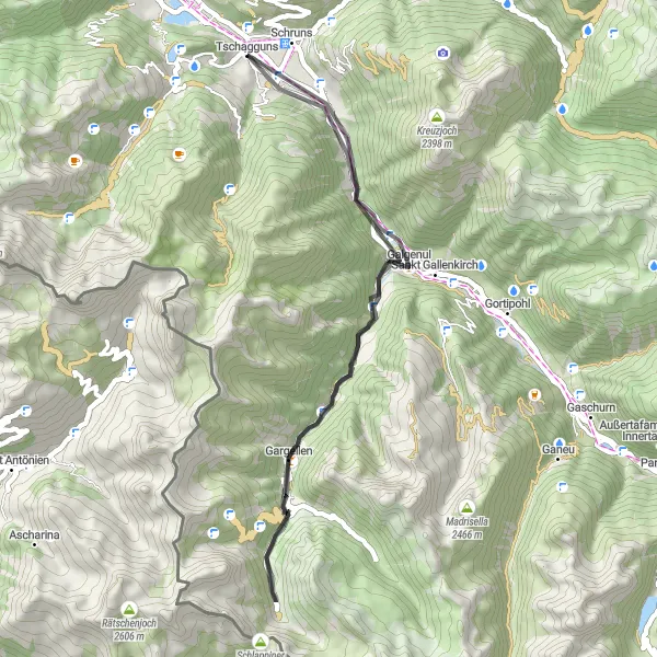Miniatua del mapa de inspiración ciclista "Ruta de ciclismo de carretera a Gortniel" en Vorarlberg, Austria. Generado por Tarmacs.app planificador de rutas ciclistas