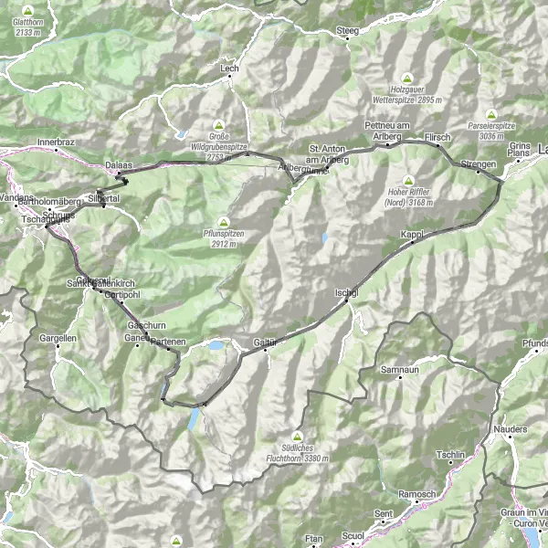 Miniatura della mappa di ispirazione al ciclismo "Ciclovia dell'Arlberg" nella regione di Vorarlberg, Austria. Generata da Tarmacs.app, pianificatore di rotte ciclistiche