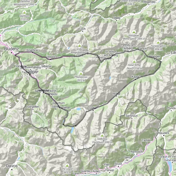 Miniatura della mappa di ispirazione al ciclismo "Da Tschagguns a Ischgl attraverso l'Arlberg" nella regione di Vorarlberg, Austria. Generata da Tarmacs.app, pianificatore di rotte ciclistiche