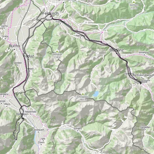 Miniaturní mapa "Významná cyklistická okružní trasa v okolí Tschagguns" inspirace pro cyklisty v oblasti Vorarlberg, Austria. Vytvořeno pomocí plánovače tras Tarmacs.app