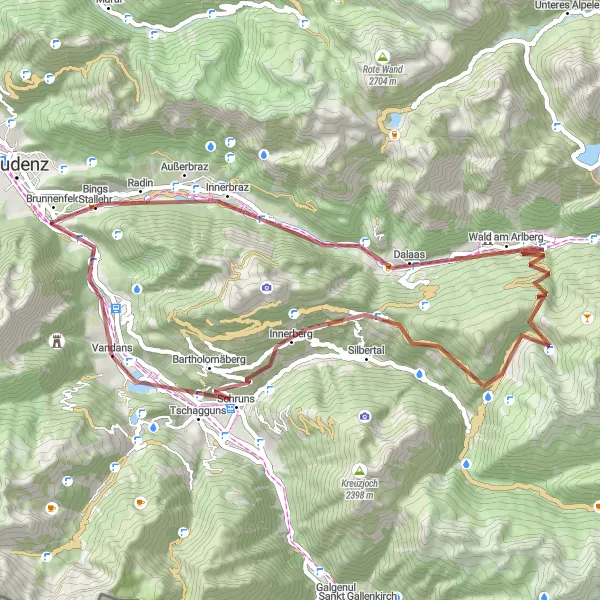 Mapa miniatúra "Trasy s gravelovými cestami" cyklistická inšpirácia v Vorarlberg, Austria. Vygenerované cyklistickým plánovačom trás Tarmacs.app