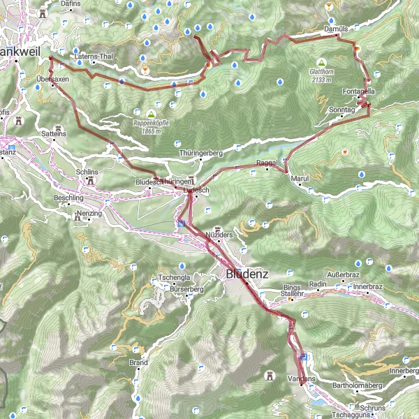 Map miniature of "Vandans - Bürs - Känzele - Frutzkopf - Laterns-Thal - Furkajoch - Faschinajoch - Raggal - Bludenz" cycling inspiration in Vorarlberg, Austria. Generated by Tarmacs.app cycling route planner