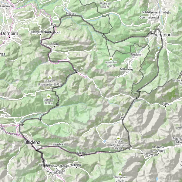 Miniatura della mappa di ispirazione al ciclismo "Giro su strada da Bludenz ad Oberstdorf" nella regione di Vorarlberg, Austria. Generata da Tarmacs.app, pianificatore di rotte ciclistiche