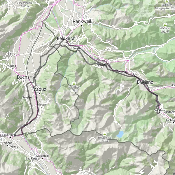 Miniature de la carte de l'inspiration cycliste "Tour des Alpes dans le Vorarlberg" dans la Vorarlberg, Austria. Générée par le planificateur d'itinéraire cycliste Tarmacs.app