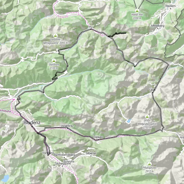 Zemljevid v pomanjšavi "Razburljiva avantura skozi gorovje Vaduz" kolesarske inspiracije v Vorarlberg, Austria. Generirano z načrtovalcem kolesarskih poti Tarmacs.app