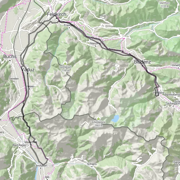 Zemljevid v pomanjšavi "Gorsko kolesarjenje skozi Montafon" kolesarske inspiracije v Vorarlberg, Austria. Generirano z načrtovalcem kolesarskih poti Tarmacs.app