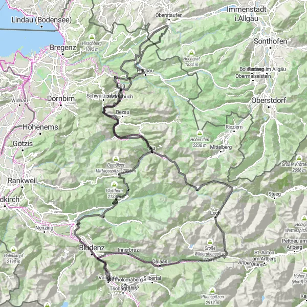 Miniatura della mappa di ispirazione al ciclismo "Esplorazione epica delle strade di montagna" nella regione di Vorarlberg, Austria. Generata da Tarmacs.app, pianificatore di rotte ciclistiche