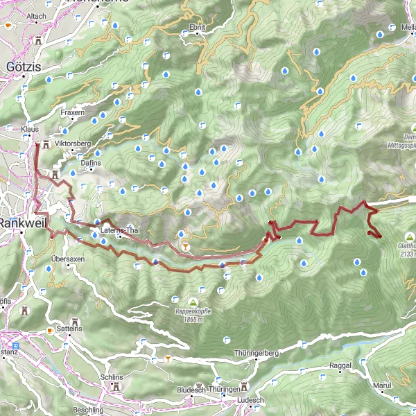 Map miniature of "The Gravel Challenge" cycling inspiration in Vorarlberg, Austria. Generated by Tarmacs.app cycling route planner