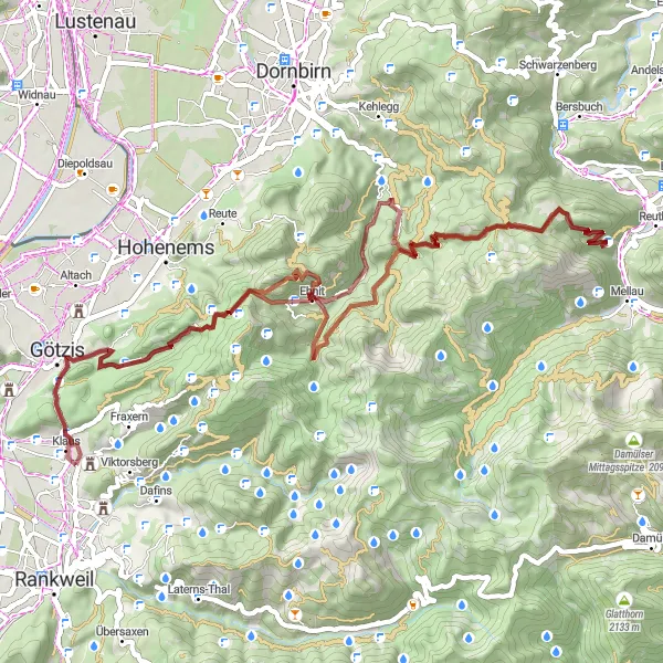 Miniature de la carte de l'inspiration cycliste "Les Fraîches Collines de Vorarlberg" dans la Vorarlberg, Austria. Générée par le planificateur d'itinéraire cycliste Tarmacs.app