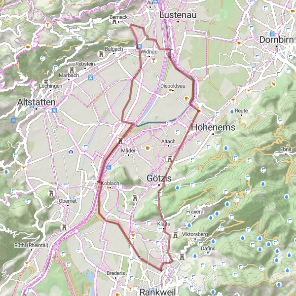 Miniatua del mapa de inspiración ciclista "Excursión de 41 km por Sulz y alrededores" en Vorarlberg, Austria. Generado por Tarmacs.app planificador de rutas ciclistas
