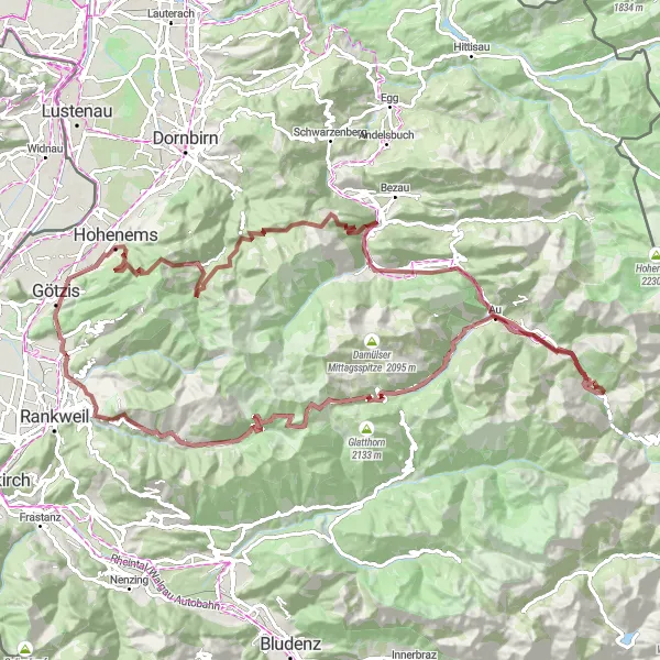 Miniature de la carte de l'inspiration cycliste "Grande Boucle Montagneuse de Vorarlberg: Défi Gravel à Travers les Alpes" dans la Vorarlberg, Austria. Générée par le planificateur d'itinéraire cycliste Tarmacs.app