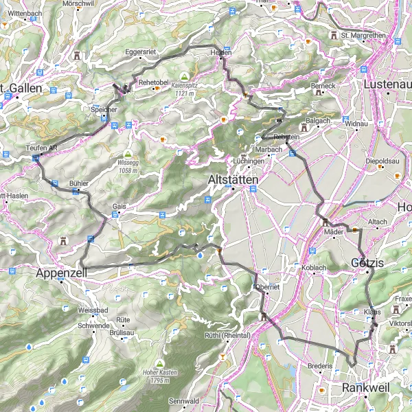 Kartminiatyr av "Bergsutsikter och Historia" cykelinspiration i Vorarlberg, Austria. Genererad av Tarmacs.app cykelruttplanerare