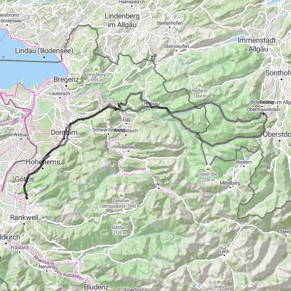 Kartminiatyr av "Alpvägar och Kulturskatter" cykelinspiration i Vorarlberg, Austria. Genererad av Tarmacs.app cykelruttplanerare