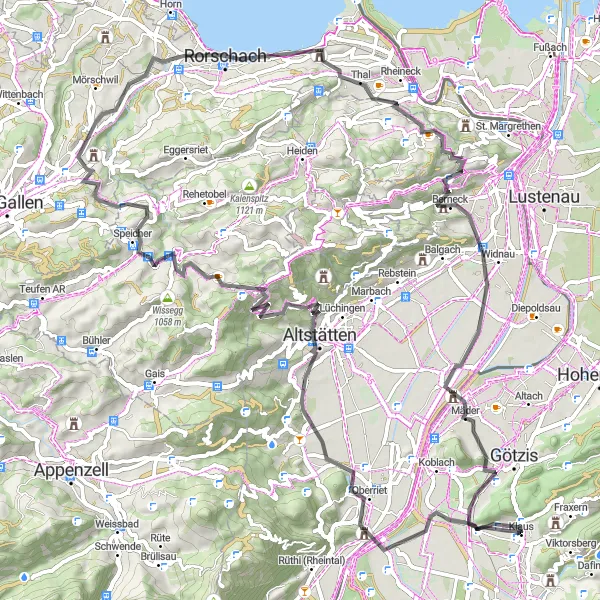 Kartminiatyr av "Blattenberg til Schlosshügel" sykkelinspirasjon i Vorarlberg, Austria. Generert av Tarmacs.app sykkelrutoplanlegger