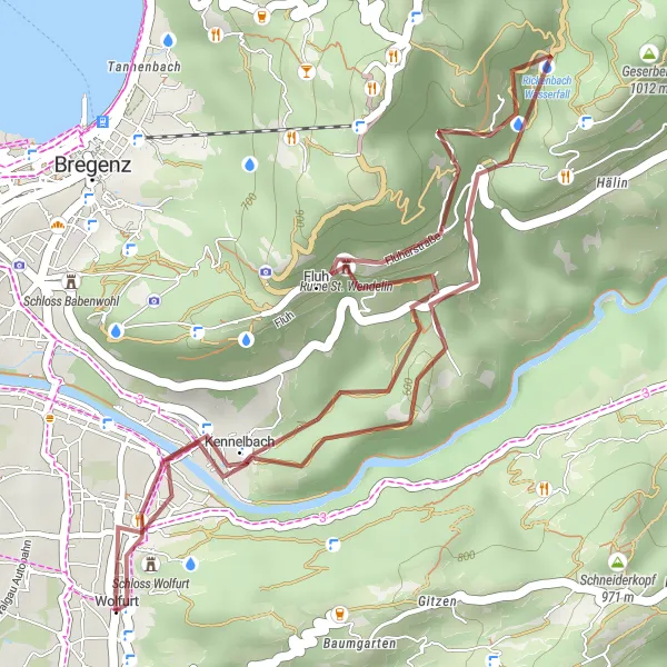 Miniatura della mappa di ispirazione al ciclismo "Esplorazione di Wolfurt e dintorni" nella regione di Vorarlberg, Austria. Generata da Tarmacs.app, pianificatore di rotte ciclistiche