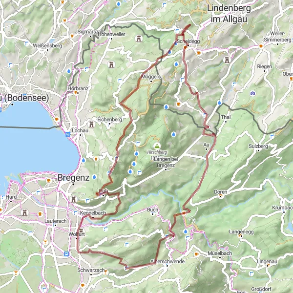 Map miniature of "Hidden Gems Gravel Ride" cycling inspiration in Vorarlberg, Austria. Generated by Tarmacs.app cycling route planner