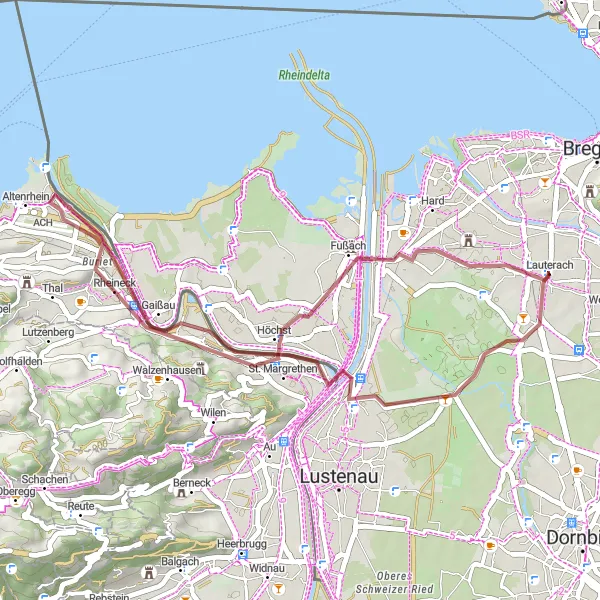 Miniature de la carte de l'inspiration cycliste "Tour des Lacs du Rhin" dans la Vorarlberg, Austria. Générée par le planificateur d'itinéraire cycliste Tarmacs.app