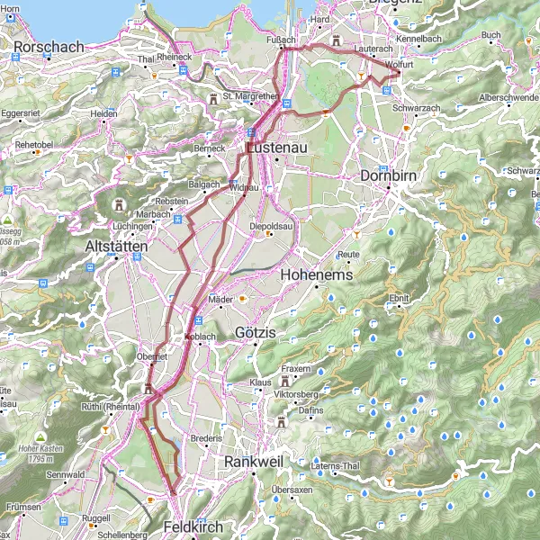 Miniatua del mapa de inspiración ciclista "Ruta Gravel a través de Oberriet y Widnau" en Vorarlberg, Austria. Generado por Tarmacs.app planificador de rutas ciclistas