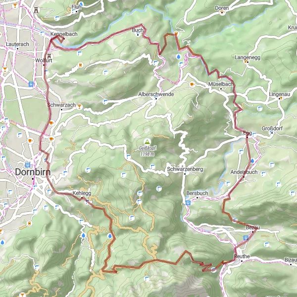 Miniatua del mapa de inspiración ciclista "Ruta de ciclismo de grava Känzele - Zanzenberg - Villa Grünau" en Vorarlberg, Austria. Generado por Tarmacs.app planificador de rutas ciclistas