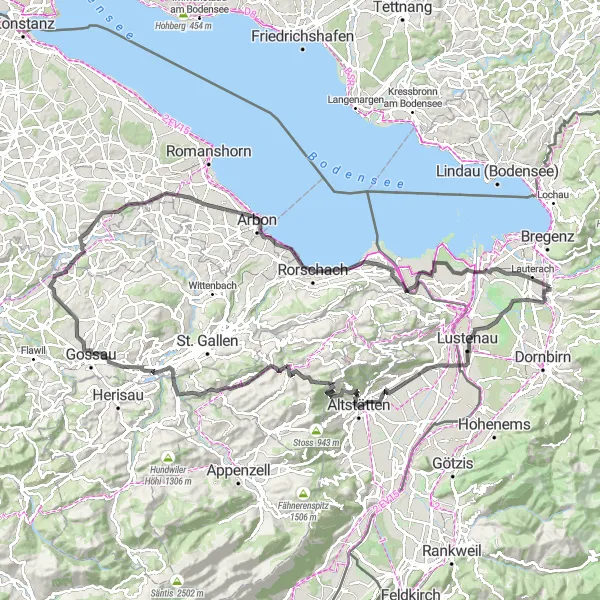 Miniatua del mapa de inspiración ciclista "Ruta de ciclismo de carretera por Lustenau y Altstätten" en Vorarlberg, Austria. Generado por Tarmacs.app planificador de rutas ciclistas