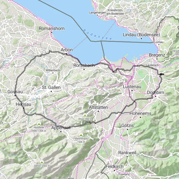 Miniatua del mapa de inspiración ciclista "Ruta de ciclismo de carretera Wolfurt - Hundwil - Wolfurt" en Vorarlberg, Austria. Generado por Tarmacs.app planificador de rutas ciclistas