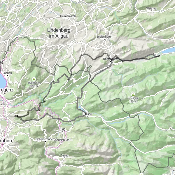 Karttaminiaatyyri "Bodenseen kierros" pyöräilyinspiraatiosta alueella Vorarlberg, Austria. Luotu Tarmacs.app pyöräilyreittisuunnittelijalla