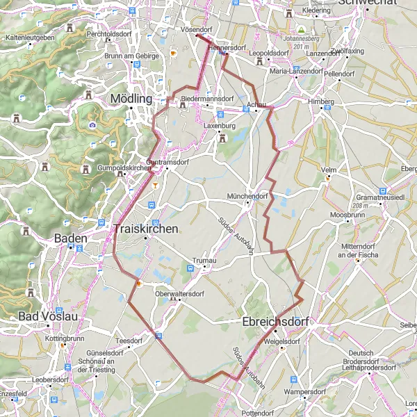 Miniature de la carte de l'inspiration cycliste "Les collines de Vösendorf" dans la Wien, Austria. Générée par le planificateur d'itinéraire cycliste Tarmacs.app