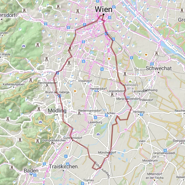 Miniatura della mappa di ispirazione al ciclismo "Gravel Route 1: Laaer Berg to Schonbrunn Palace" nella regione di Wien, Austria. Generata da Tarmacs.app, pianificatore di rotte ciclistiche