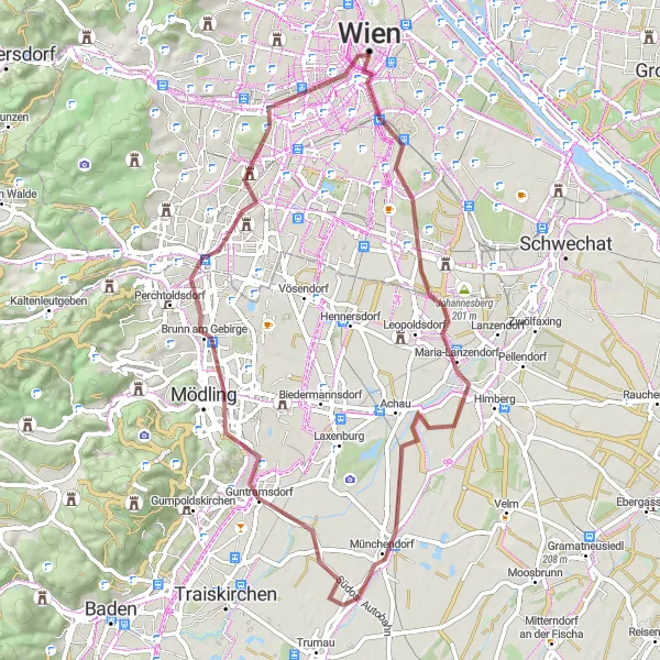 Miniatuurkaart van de fietsinspiratie "Gravel to Laaer Berg and Schonbrunn Palace" in Wien, Austria. Gemaakt door de Tarmacs.app fietsrouteplanner