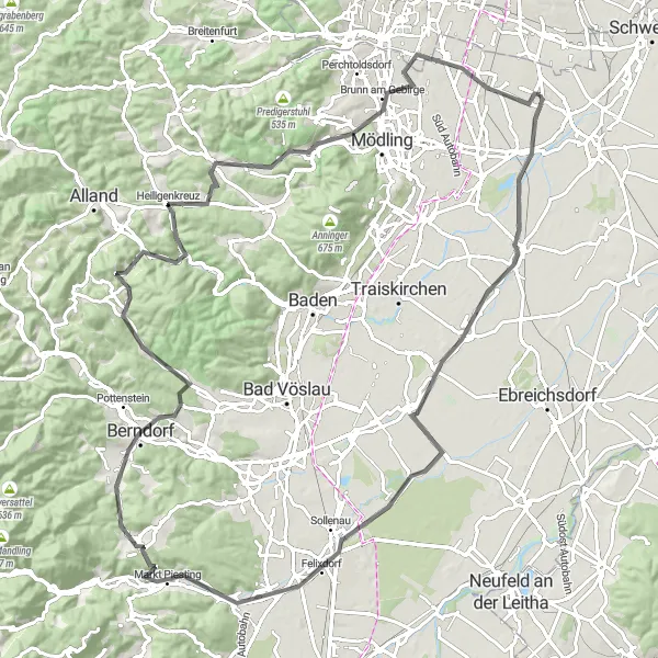 Zemljevid v pomanjšavi "Eksploziven krog na road kolesu blizu Favoriten" kolesarske inspiracije v Wien, Austria. Generirano z načrtovalcem kolesarskih poti Tarmacs.app