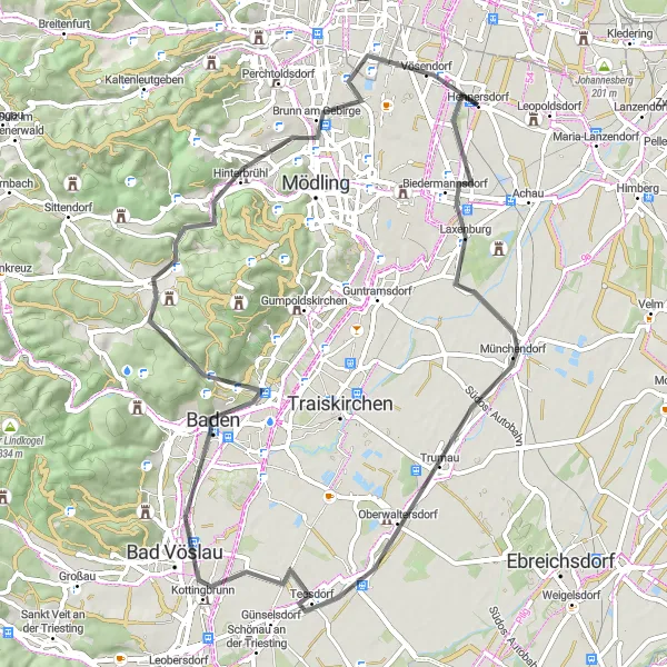 Map miniature of "Bad Vöslau Scenic Ride" cycling inspiration in Wien, Austria. Generated by Tarmacs.app cycling route planner