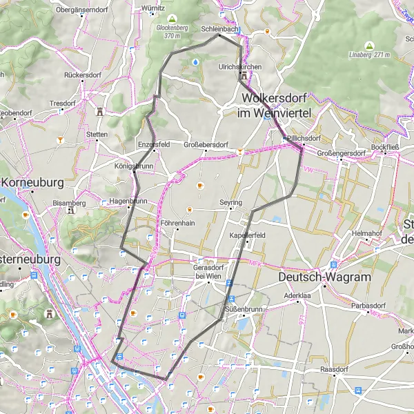 Miniaturní mapa "Vinohrady a vína" inspirace pro cyklisty v oblasti Wien, Austria. Vytvořeno pomocí plánovače tras Tarmacs.app