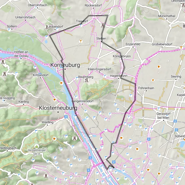 Miniatua del mapa de inspiración ciclista "Ruta Escénica: Floridsdorf-Korneuburg-Jedlesee" en Wien, Austria. Generado por Tarmacs.app planificador de rutas ciclistas