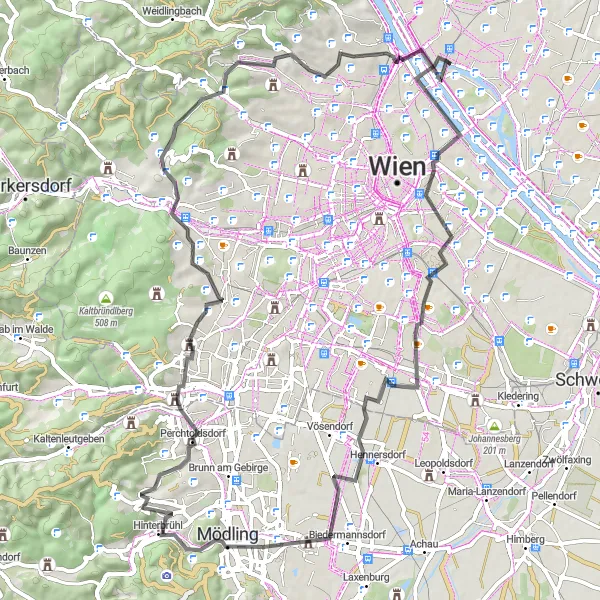 Zemljevid v pomanjšavi "Užitkarska kolesarska tura po Donavi" kolesarske inspiracije v Wien, Austria. Generirano z načrtovalcem kolesarskih poti Tarmacs.app