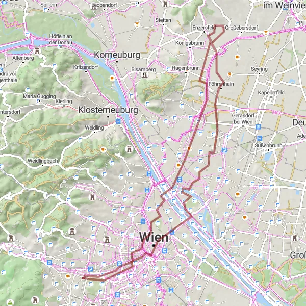 Kartminiatyr av "Enzersfeld til Schonbrunn Palace Grusvei Loop" sykkelinspirasjon i Wien, Austria. Generert av Tarmacs.app sykkelrutoplanlegger