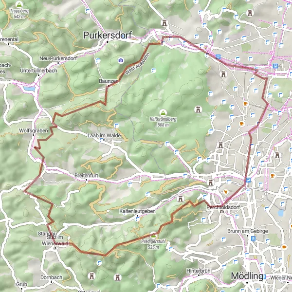 Miniatura della mappa di ispirazione al ciclismo "Giro in bicicletta per gravel vicino a Hietzing" nella regione di Wien, Austria. Generata da Tarmacs.app, pianificatore di rotte ciclistiche