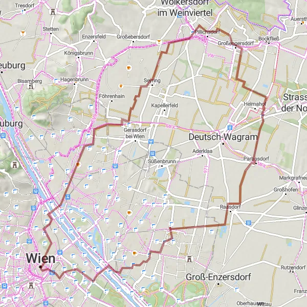 Zemljevid v pomanjšavi "Gravel route through Vienna and Kalvarienberg" kolesarske inspiracije v Wien, Austria. Generirano z načrtovalcem kolesarskih poti Tarmacs.app