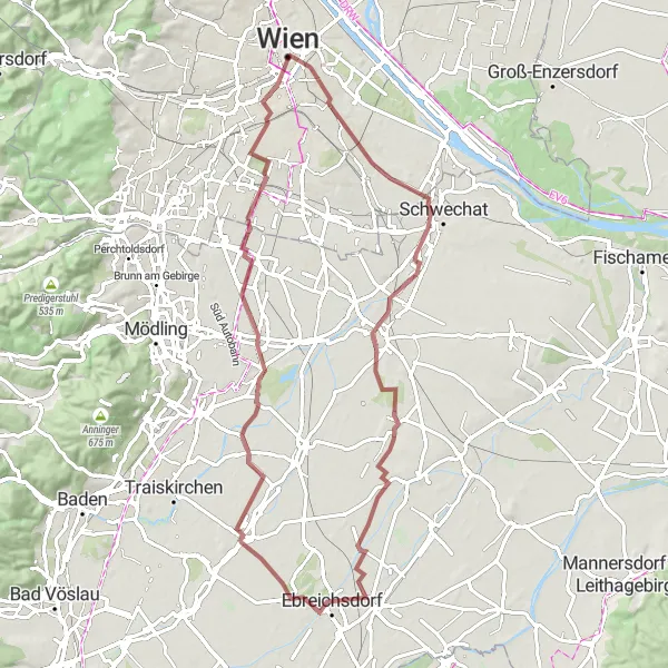 Miniatua del mapa de inspiración ciclista "Ruta de ciclismo en grava de 72 km desde Innere Stadt" en Wien, Austria. Generado por Tarmacs.app planificador de rutas ciclistas