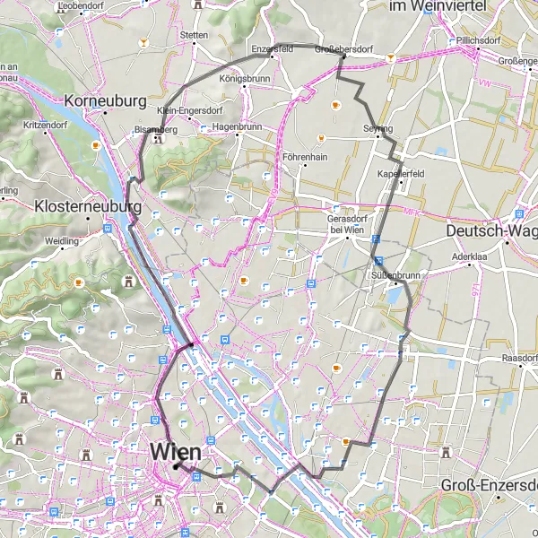 Miniatura mapy "Przejażdżka do Bisamberg i z powrotem" - trasy rowerowej w Wien, Austria. Wygenerowane przez planer tras rowerowych Tarmacs.app