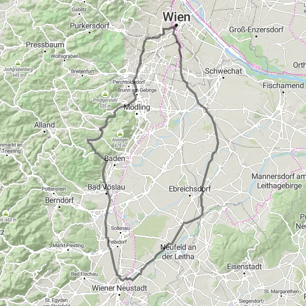 Miniatura della mappa di ispirazione al ciclismo "Tour delle Colline e dei Villaggi" nella regione di Wien, Austria. Generata da Tarmacs.app, pianificatore di rotte ciclistiche