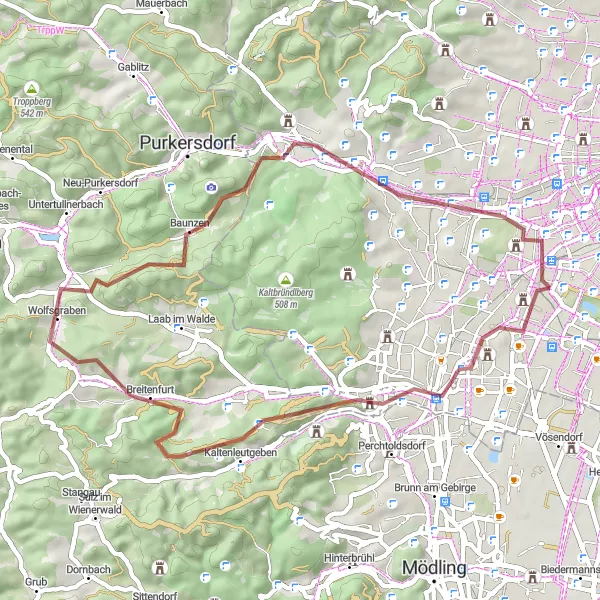 Mapa miniatúra "Gravelová trasa cez Kaltenleutgeben a Wolfersberg" cyklistická inšpirácia v Wien, Austria. Vygenerované cyklistickým plánovačom trás Tarmacs.app