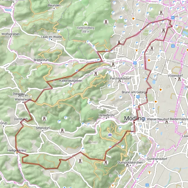 Miniatura della mappa di ispirazione al ciclismo "Avventura Gravel tra Mödling e Steinberg" nella regione di Wien, Austria. Generata da Tarmacs.app, pianificatore di rotte ciclistiche