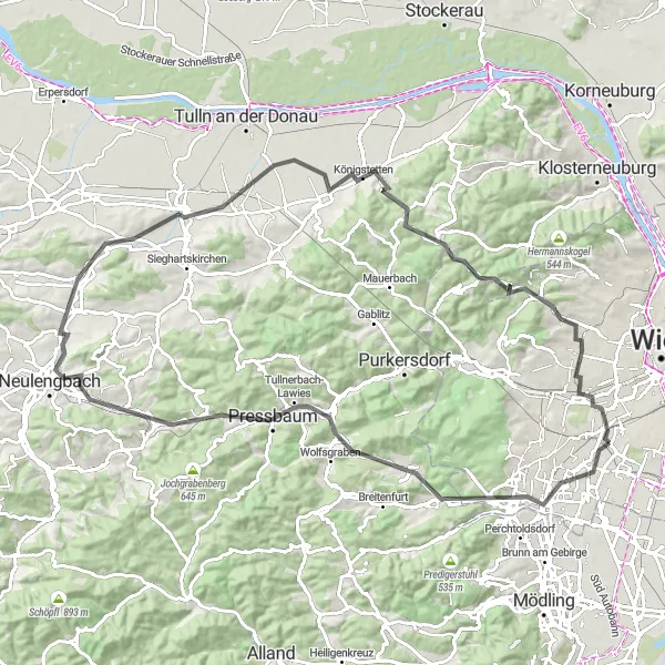 Map miniature of "Vienna Hills and Beyond" cycling inspiration in Wien, Austria. Generated by Tarmacs.app cycling route planner