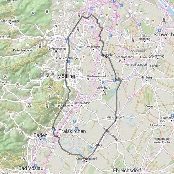 Karttaminiaatyyri "Achau-Trumau maantiepyöräilyreitti" pyöräilyinspiraatiosta alueella Wien, Austria. Luotu Tarmacs.app pyöräilyreittisuunnittelijalla