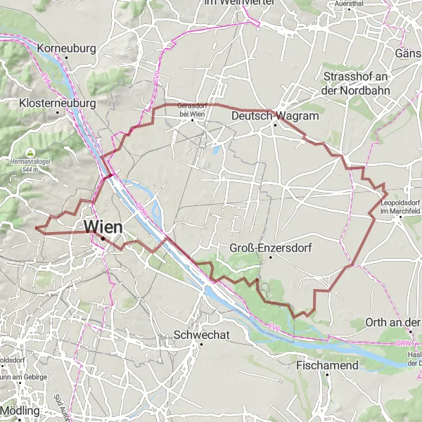 Zemljevid v pomanjšavi "Ottakring - Prater Park gravel kolesarska pot" kolesarske inspiracije v Wien, Austria. Generirano z načrtovalcem kolesarskih poti Tarmacs.app