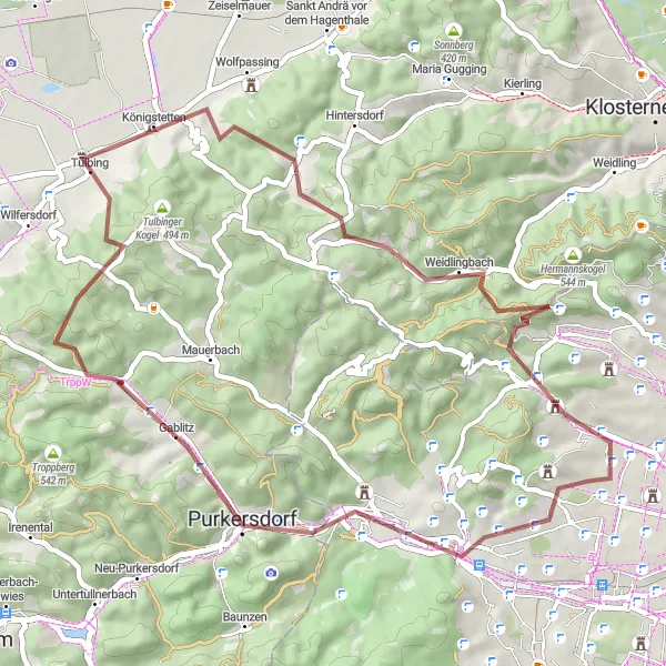 Miniatuurkaart van de fietsinspiratie "Gravelavontuur naar Eichberg en Dreimarkstein" in Wien, Austria. Gemaakt door de Tarmacs.app fietsrouteplanner