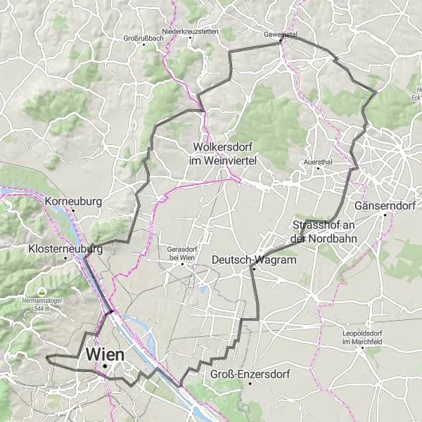 Miniatua del mapa de inspiración ciclista "Ruta de ciclismo de carretera por Enzersfeld" en Wien, Austria. Generado por Tarmacs.app planificador de rutas ciclistas