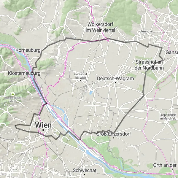 Karttaminiaatyyri "Historiallinen Kulttuurireitti Wienistä Groß-Enzersdorfiin" pyöräilyinspiraatiosta alueella Wien, Austria. Luotu Tarmacs.app pyöräilyreittisuunnittelijalla