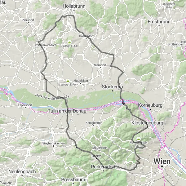 Miniaturní mapa "Silnice Skrz historické obce a vinice" inspirace pro cyklisty v oblasti Wien, Austria. Vytvořeno pomocí plánovače tras Tarmacs.app