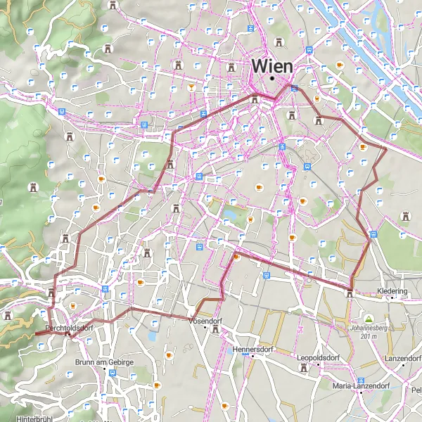 Miniatura della mappa di ispirazione al ciclismo "Viaggio nei Colli di Vienna" nella regione di Wien, Austria. Generata da Tarmacs.app, pianificatore di rotte ciclistiche